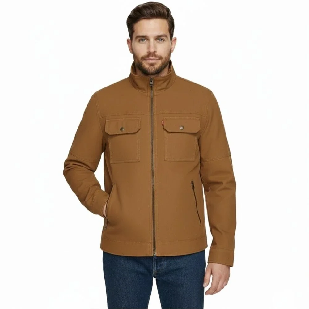 Levi's Men's Stand Collar Twill Canvas Quilted Utility Jacket Brown Size M